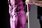 Mara tied and gagged with a cloth gag and ropes over her head wearing a supersexy purple shiny nylon rainsuit (Pics)