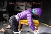 Watching sexy Sonja being tied and gagged with ropes and a cloth gag on a stool wearing a sexy shiny nylon rain pant and a purple down jacket (Pics)