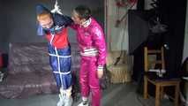 SEXY RONJA being tied and gagged and hooded from Sexy Stella both wearing sexy shiny nylon rainwear (Video) 