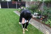Watching sexy Aiyana wearing a supersexy black shiny nylon rainpants and a black down jacket playing with water of the garden shower and destroying her pant (Pics)