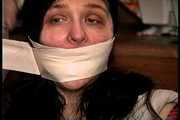 34 YR OLD STAY AT HOME MOM IS HANDGAGGED, STINKY SOCK MOUTH STUFFED, WRAP MICRO FILM TAPE GAGGED, PANTYHOSE LEGS AND FEET, TOE-TIED AND GAG TALKING WHILE TIGHTLY TIED TO A CHAIR (D73-2)