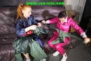 Ronja and Stella destroying shiny nylon rainwear both wearing that stuff (Pics)