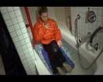 SEXY SANDRA wearing an special orange down jacket and a black down pants during taking a bath playing with water and the downwear (Video)