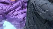 Watching sexy Sonja wearing a sexy shiny nylon rain pant and a purple down jacket enjoying the water in the swimming pool (Video)