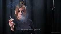 Alina is giving an interview while smoking 100mm cigarette at the smoking studio