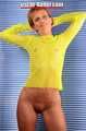 Ela Engel in the studio with yellow fishnet shirt