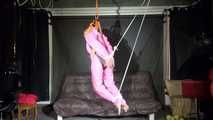 Sexy ***SANDRA*** wearing a hot pink oldschool downbib and a down jacket being tied and gagged with ropes and a clothgag hanging on the ceiling  (Video)