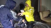 Watching sexy Stella and Sandra having fun with shaving cream and eachother both wearing shiny nylon rainwear (Video)