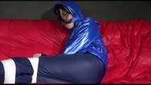 ***NEW MODELL*** Destiny tied and gagged with tape and cloth gagges wearing a blue shiny nylon pants and a blue down jacket (Video)