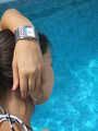 Roxy wearing her own Morgan watch in the pool