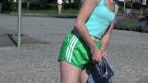 SEXY ***SONJA*** wearing a sexy green shiny nylon shorts under her Jeans walking through the city  (Video)