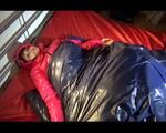 Mara lolling in bed wearing a supersexy rain pants and a pink down jacket (Video)